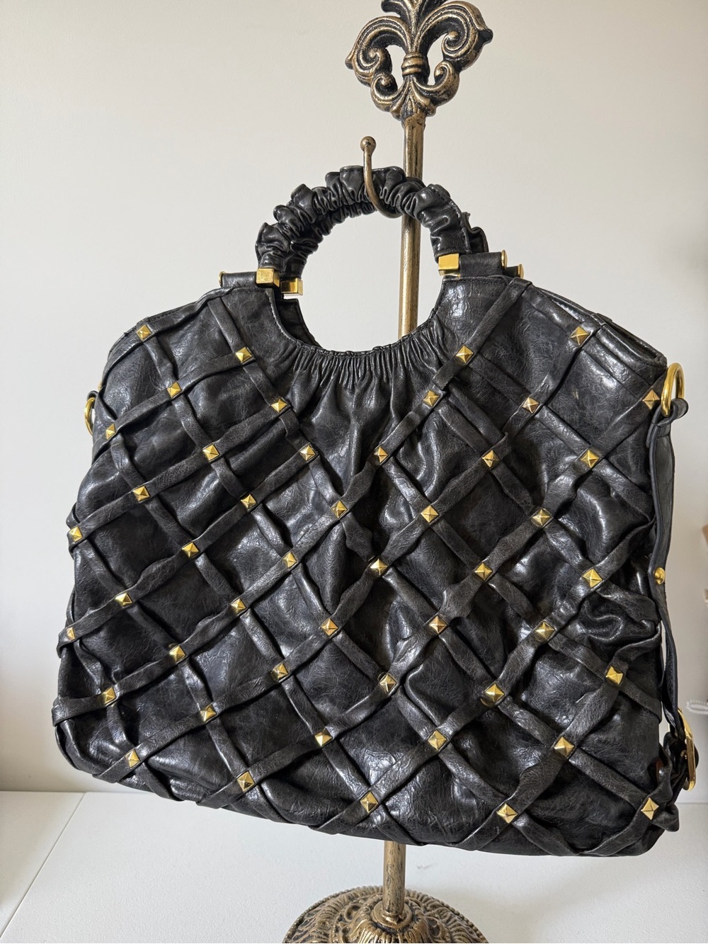 Big Buddha Black Leather Bag with Gold Studs